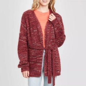 Knox Rose Belted Tie Front Fuzzy Eyelash Burgundy Cardigan